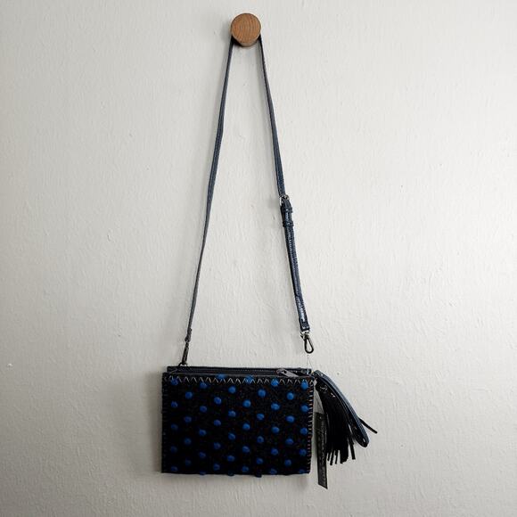 Sondra Roberts NWT Felt Pompom Clutch Crossbody Bag Grey Blue Polka Dot Wool - Picture 2 of 12